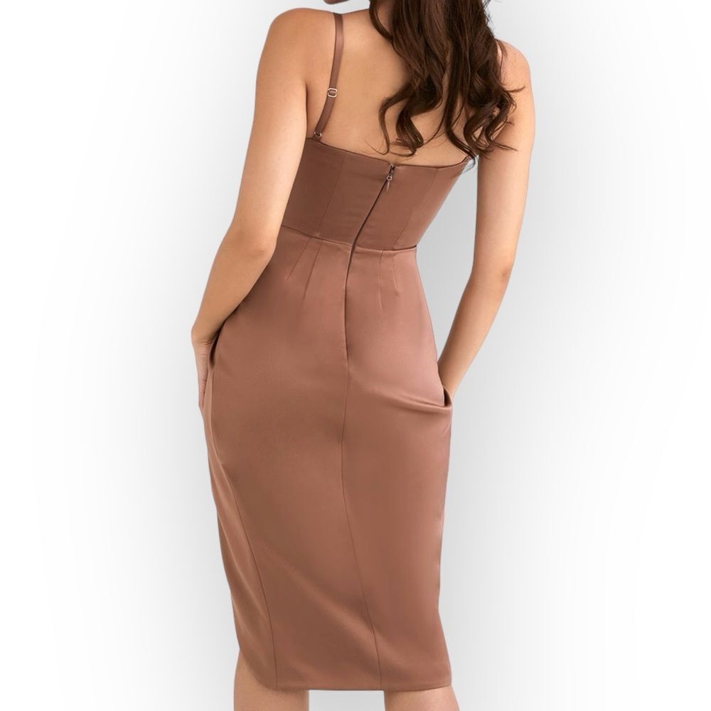 HOUSE OF CB NWT BIANCA MOCHA SATIN CORSET MIDI DRESS MOCHA BROWN SIZE XS - Picture 7 of 15
